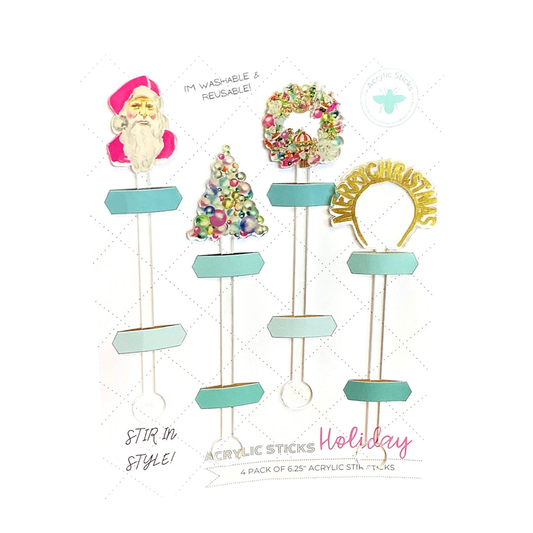 Fabulous Christmas Stir Sticks: four 6.25-inch acrylic stir sticks with Santa, tree, wreath, and “Merry Christmas” toppers.
