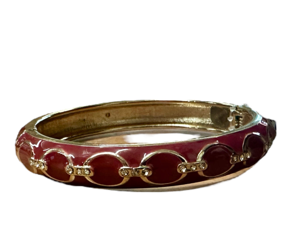 Gold Bella Bracelet with glossy red enamel, small gold links, and clear stones. Available in small, medium, and large sizes.