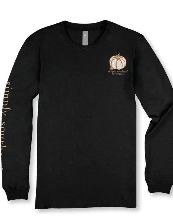 The Happy Fall Long Sleeve is a black autumn shirt with a small pumpkin graphic and “simply southern” text on the left chest, plus gold “simply southern” lettering along the left sleeve. Available in sizes S-XXL.