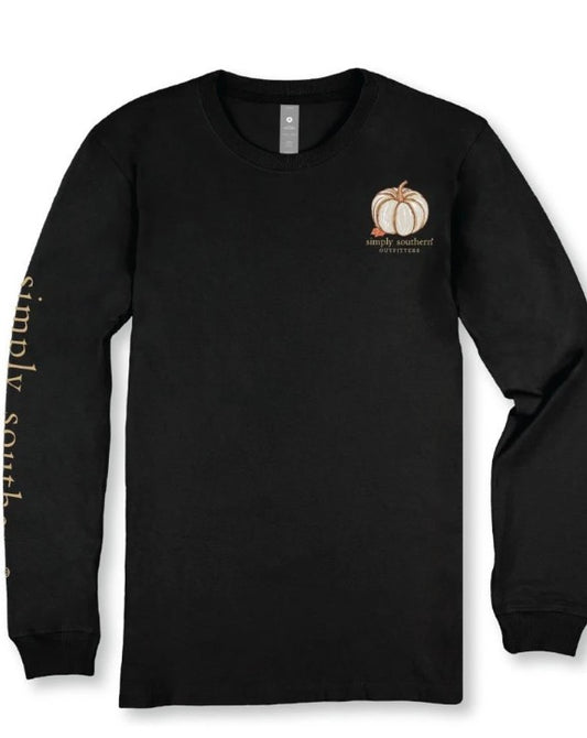 The Happy Fall Long Sleeve is a black autumn shirt with a small pumpkin graphic and “simply southern” text on the left chest, plus gold “simply southern” lettering along the left sleeve. Available in sizes S-XXL.