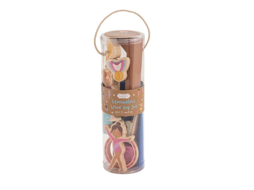 Clear handled cylinder with "Wood Gymnastics Toy Set" label; includes gymnast, medal, and gym gear. Sizes available: small, large.
