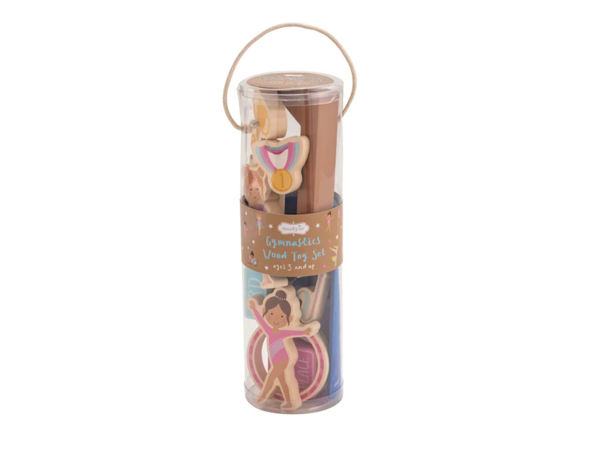 Clear handled cylinder with "Wood Gymnastics Toy Set" label; includes gymnast, medal, and gym gear. Sizes available: small, large.