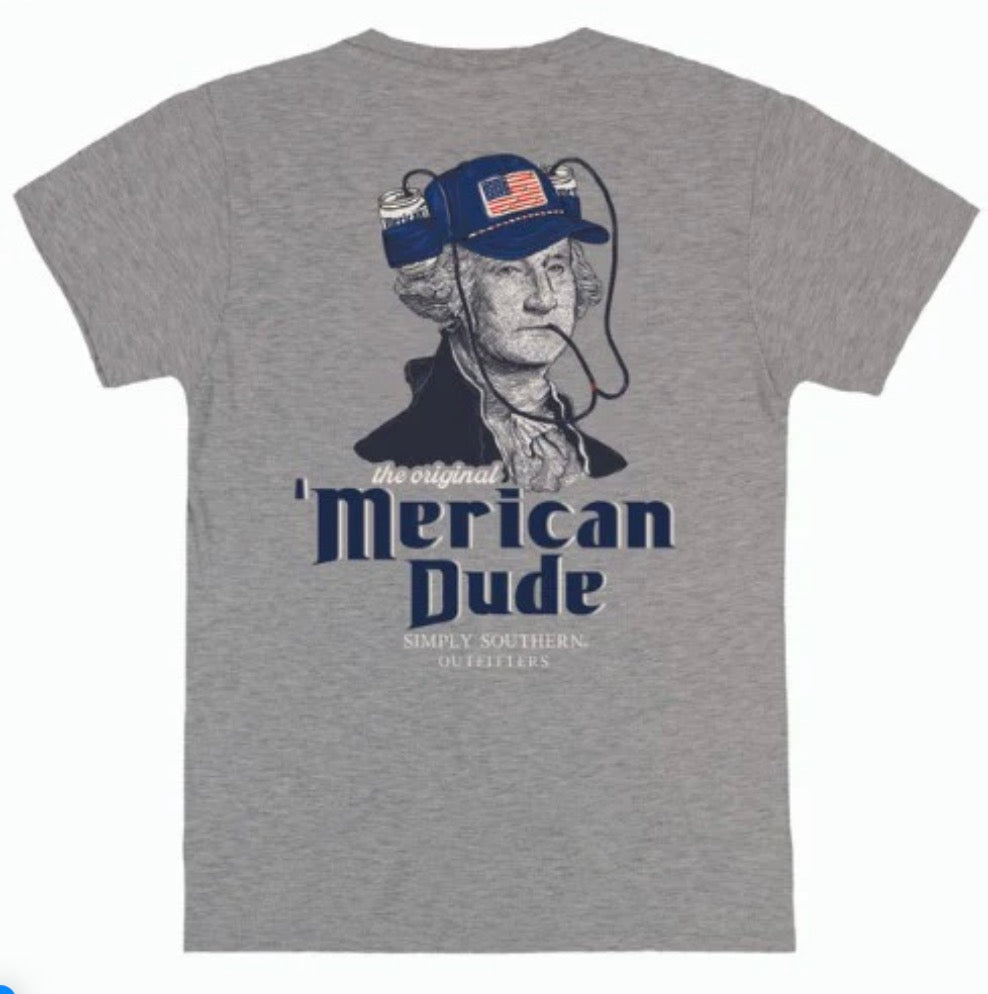 Gray tee with George Washington in beer helmet, American flag, slogans. Sizes: S-XXL.