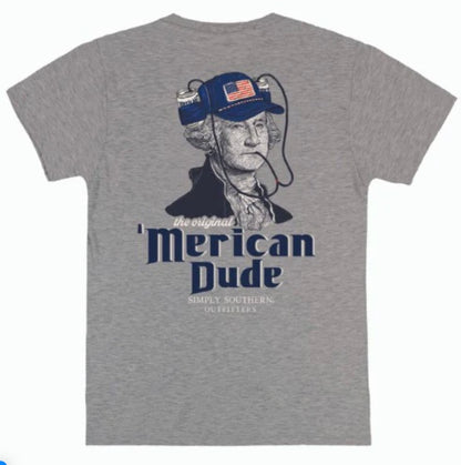Gray tee with George Washington in beer helmet, American flag, slogans. Sizes: S-XXL.