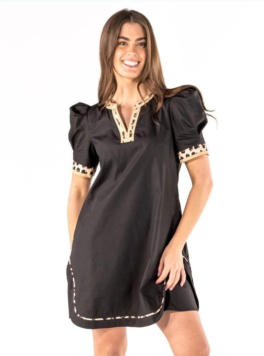 Wild Side Puff Sleeve Dress: black, short sleeves, puffed shoulders, beige trim. Available in sizes XS–XL.