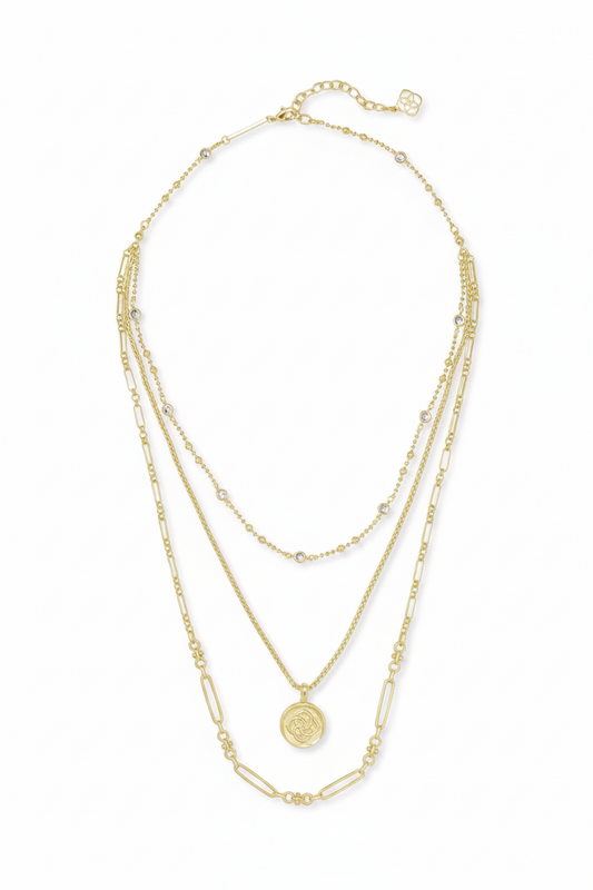 Three-layer 14k gold-plated Kendra Scott necklace with small bead accents, geometric links, round medallion pendant, and adjustable clasp. Available in 16", 18", and 20" lengths.