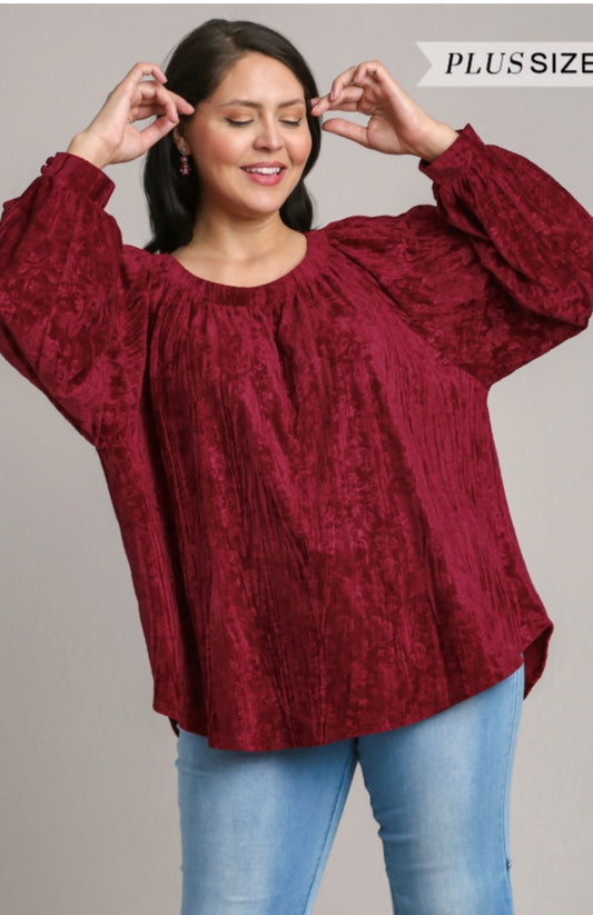 Velvet High Low Long Sleeve Top available in sizes XS, S, M, L, XL".