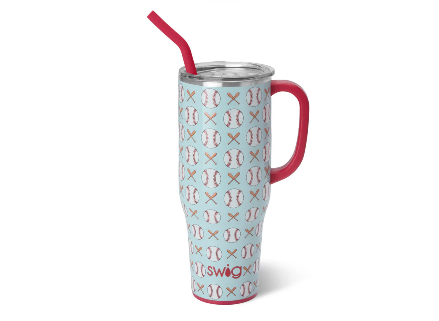The Home Run Mega Mug (40oz), light blue, baseball design, handle, triple insulated, clear lid, red straw, dishwasher-safe.