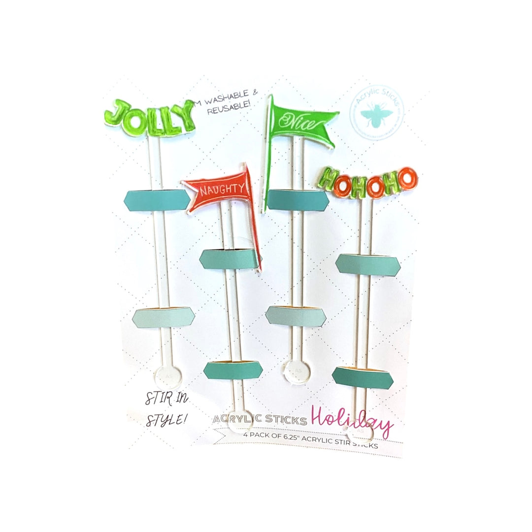 Holiday Feels Stir Sticks set of four 6.25-inch clear acrylic stir sticks featuring “Jolly,” “Naughty,” “Nice,” and “HoHoHo” holiday icons.