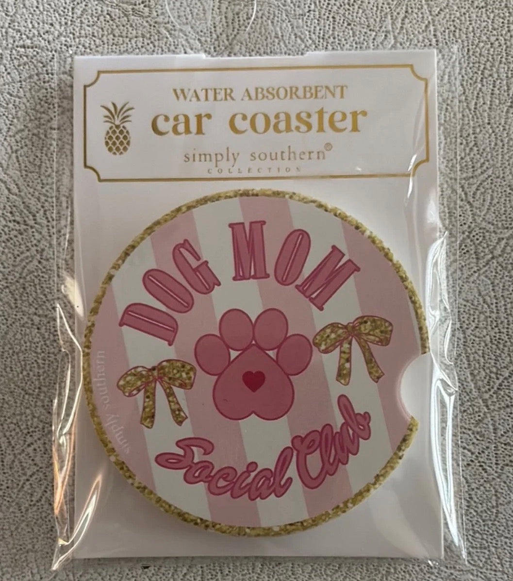 Simply Southern Car Coaster, water-absorbent, pink/white stripes, gold edge, 2.6" size, "DOG MOM Social Club" text.