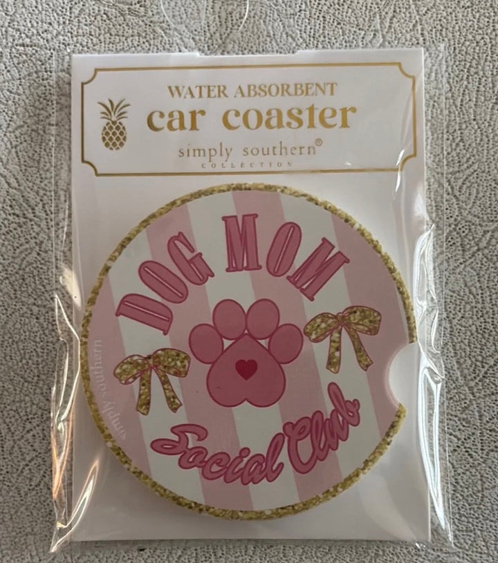 Simply Southern Car Coaster, water-absorbent, pink/white stripes, gold edge, 2.6" size, "DOG MOM Social Club" text.
