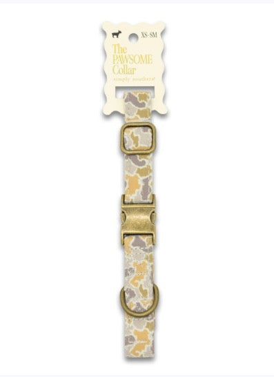 Camo Pet Collar in beige, white, and gold with pattern, metal buckle, D-ring. Sizes: XS-SM.