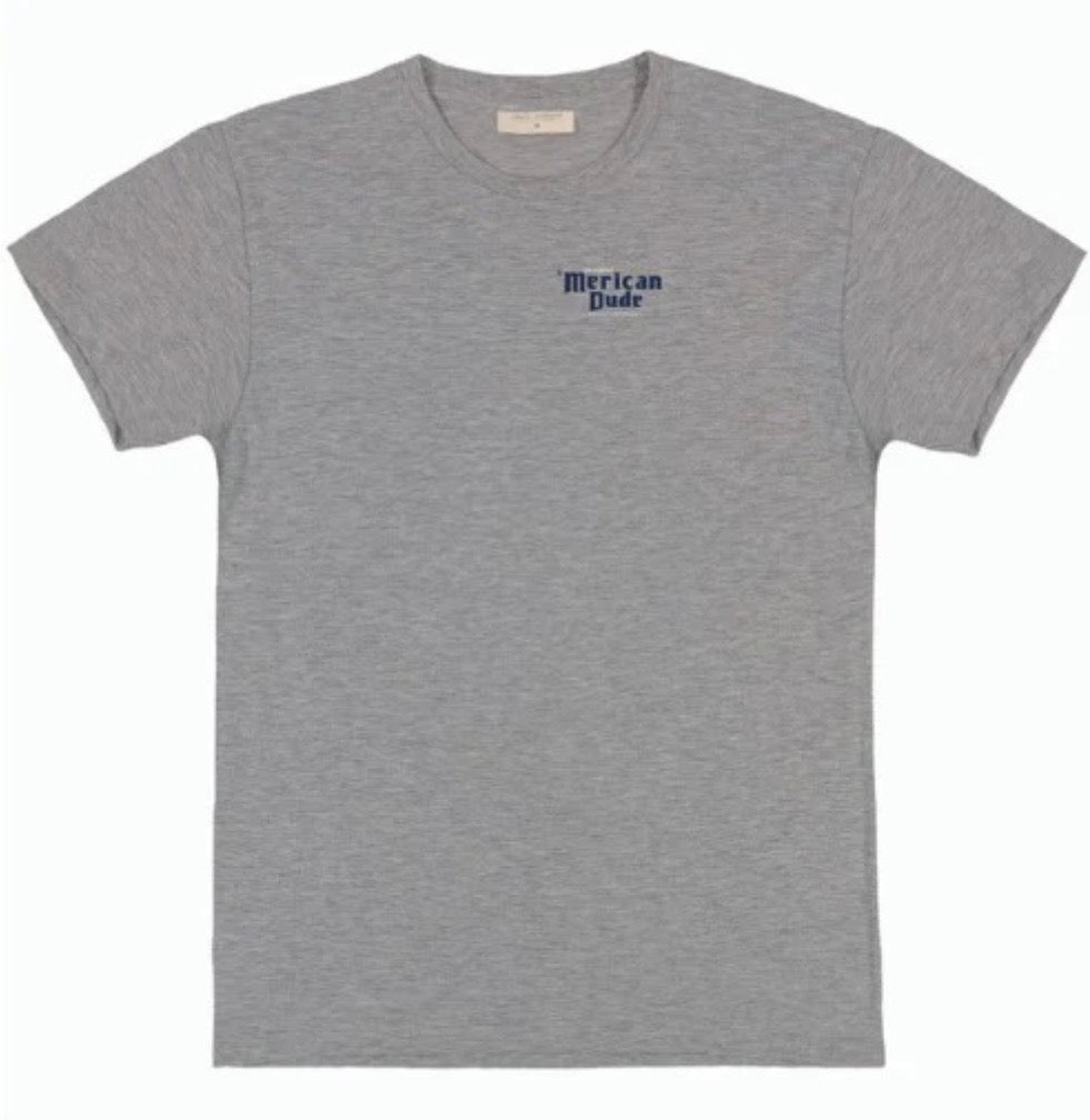 Grey short-sleeve tee with "Merican Dude" in small blue print on chest. Available sizes: S-XXL.