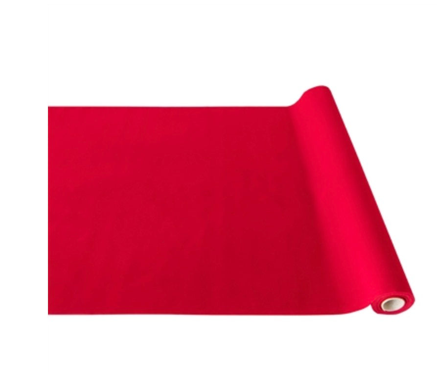Red Flocked Table Runner roll, partially unrolled.