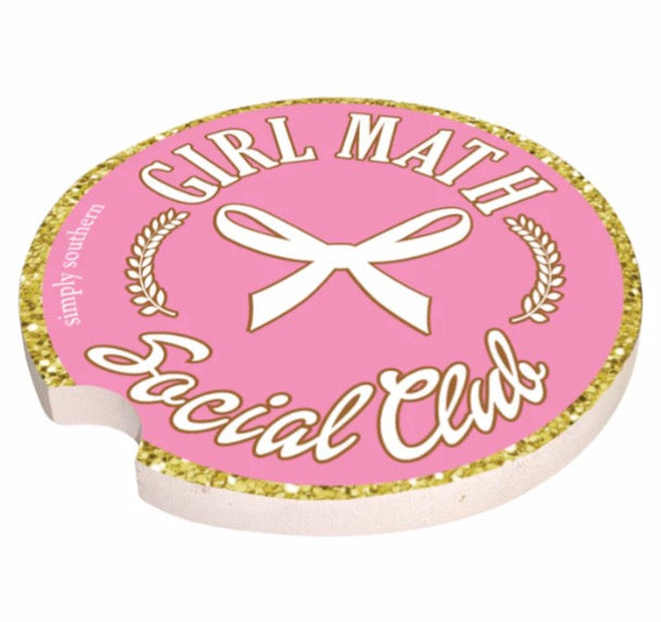 Round pink coasters with gold glitter edge, white bow, laurel, and "GIRL MATH Social Club" text. Sizes available.
