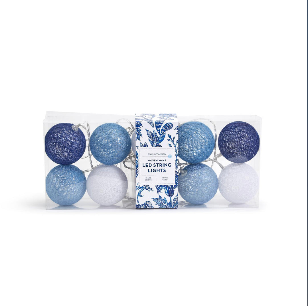 7-foot blue and white ball string light with woven sphere LEDs.