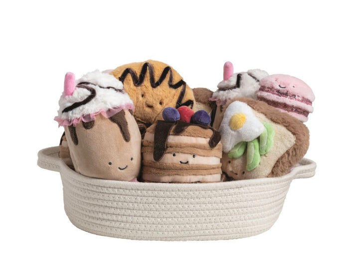 Café Plush Pals dessert-inspired cupcake, pancake stack, toast, and macaron plush toys.