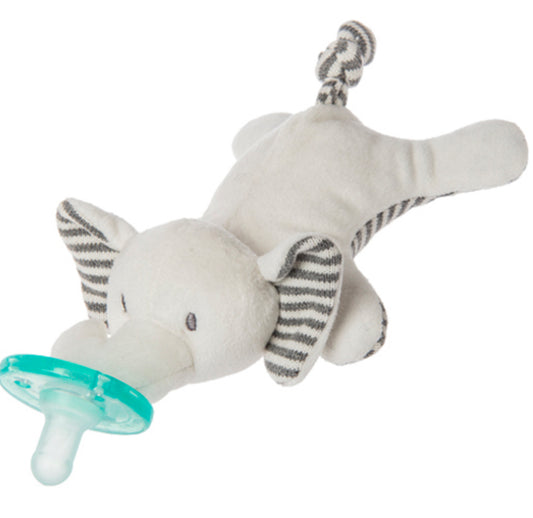 Plush elephant pacifier holder with gray and white stripes, featuring a WubbaNub Pacifier attached to its nose, photographed on a white background.