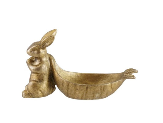 Pewter dish with antique gold finish; seated rabbit forms small shallow bowl with pointed tail. Available in multiple sizes.