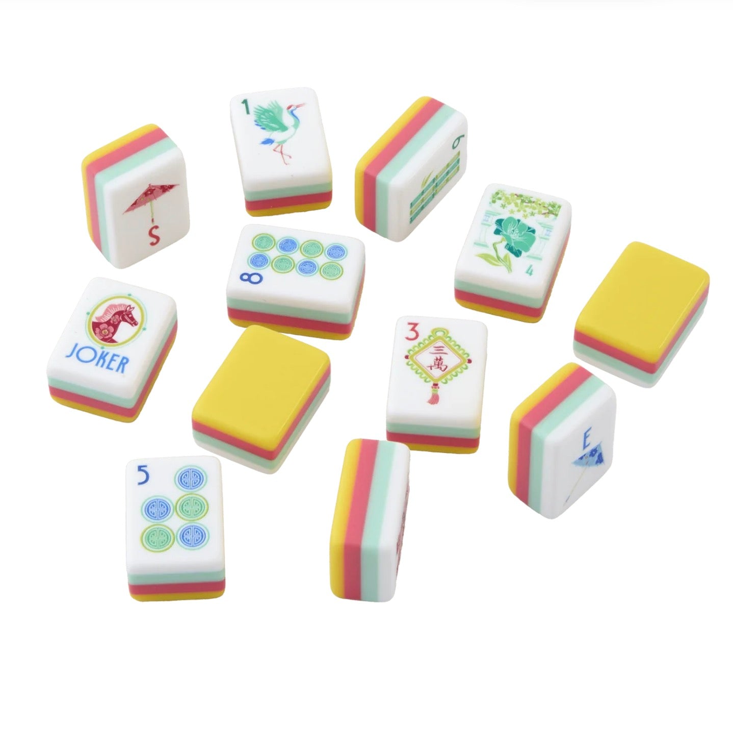 Set of 12 vibrant Pippa Mahjong tiles with modern designs including numbers, circles, crane, fish, joker, and multicolored layered sides. Available in small and large sizes.