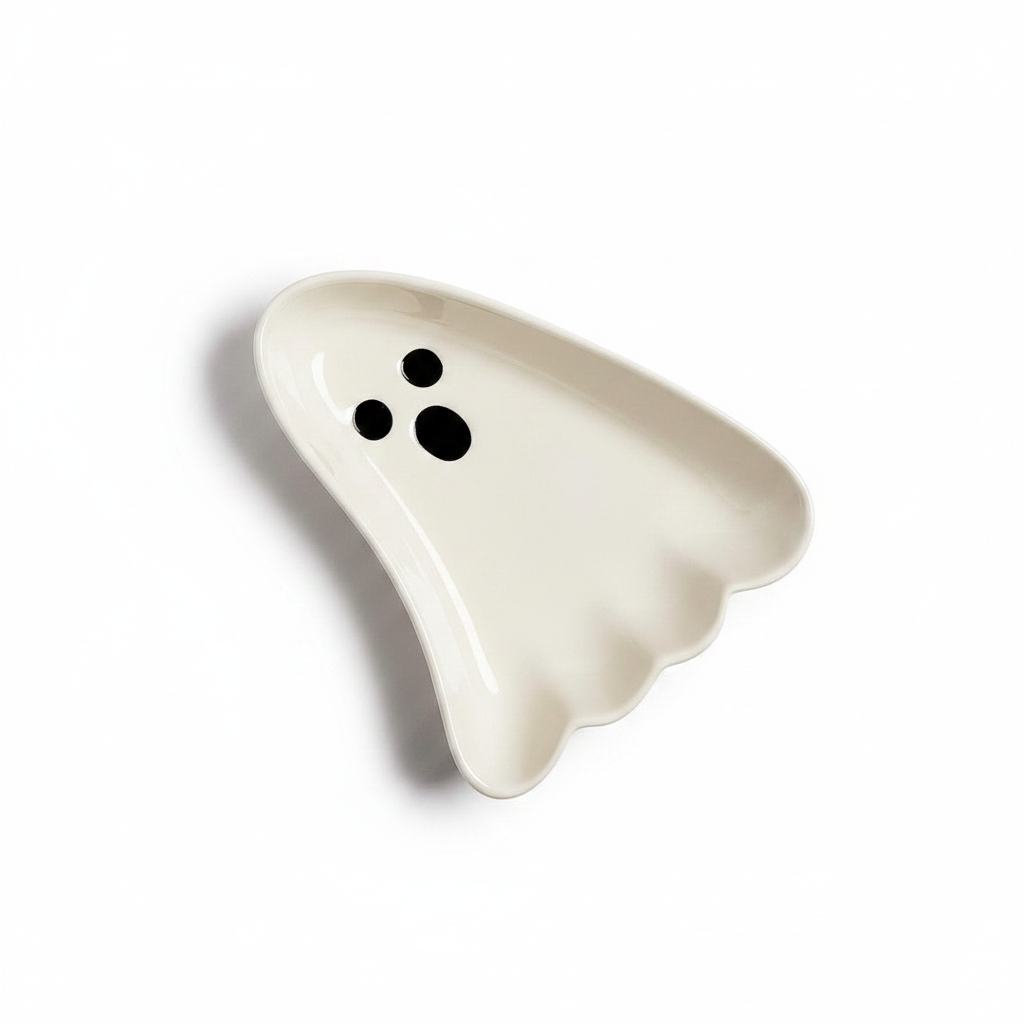 Ghost Bowls: white ceramic dishes shaped like friendly ghosts with two black eyes and a black mouth. Available in multiple sizes.