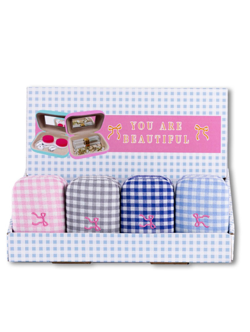 You Are Beautiful Jewelry Case"—four small gingham cases (pink, gray, blue, light blue) with bows. Sizes: Small only.