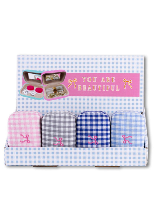 You Are Beautiful Jewelry Case"—four small gingham cases (pink, gray, blue, light blue) with bows. Sizes: Small only.