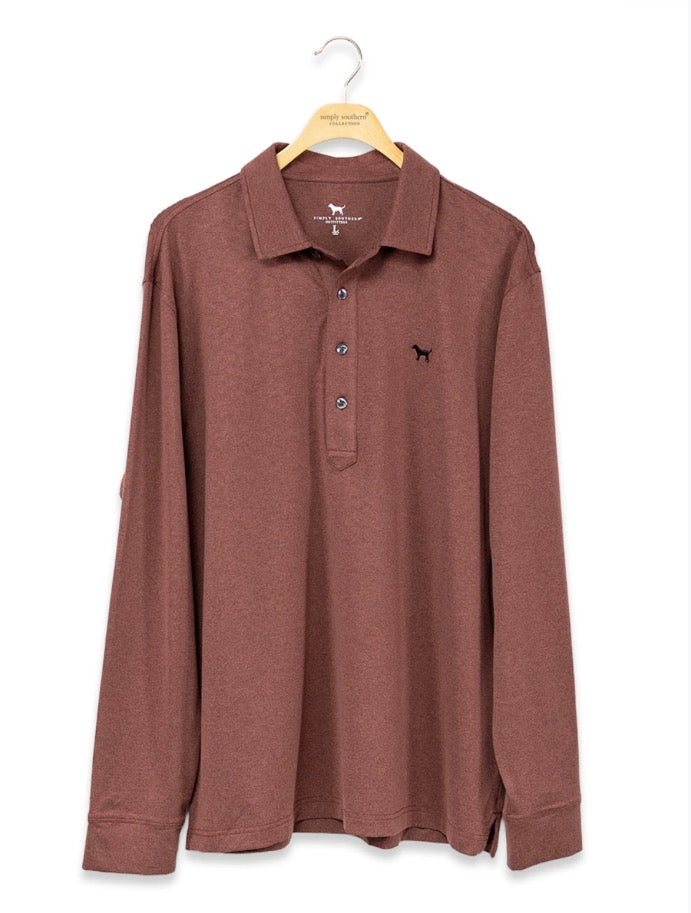 Men’s longsleeve maroon polo with collar, buttons, and small black dog logo on left chest. Available in sizes S-XXL.