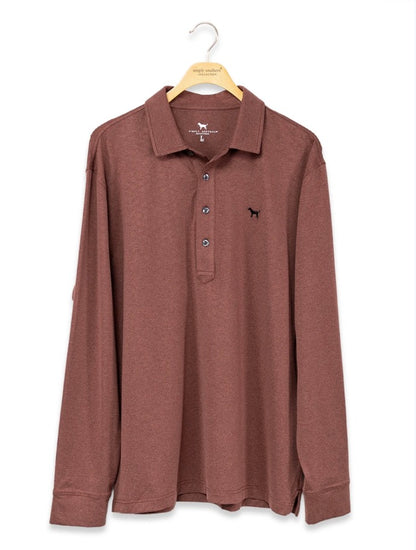 Men’s longsleeve maroon polo with collar, buttons, and small black dog logo on left chest. Available in sizes S-XXL.