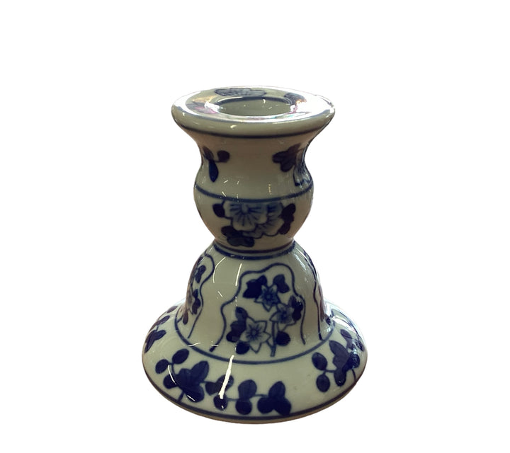 White ceramic Canton Candleholder with hand-painted blue floral patterns. Available in small and large sizes.