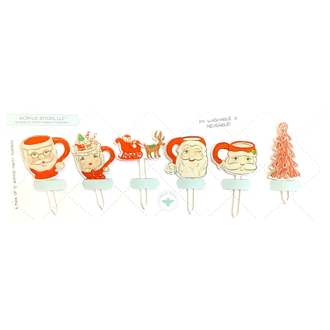 Set of six Holly Jolly Christmas Mugs Party Pik Sticks featuring Santa mug, sleigh, reindeer, and tree illustrations.