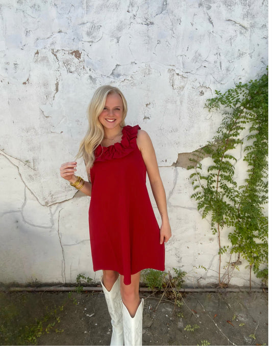 Larkin Ruffle Dress: sleeveless red dress with ruffle details and flattering fit. Available in XS, S, M, L, XL.