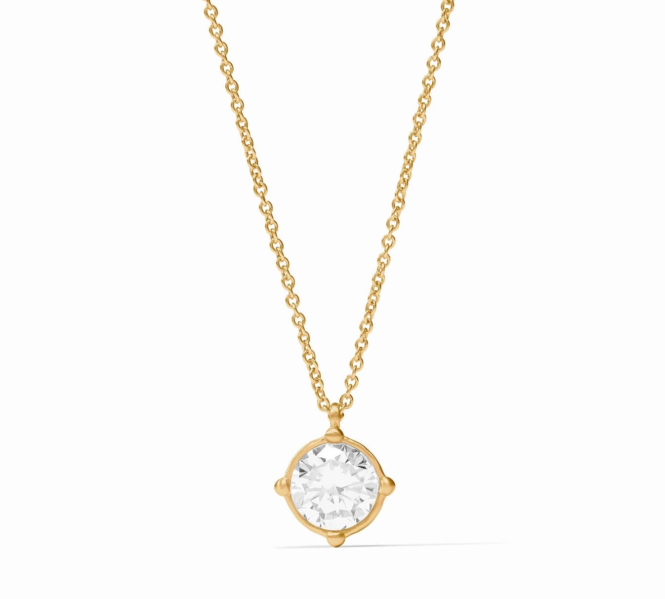 The Honeybee Solitaire Necklace Gold is a 24K gold-plated chain with a single round clear cubic zirconia in a minimalist gold setting. Available sizes: 16″, 18″.