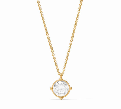 The Honeybee Solitaire Necklace Gold is a 24K gold-plated chain with a single round clear cubic zirconia in a minimalist gold setting. Available sizes: 16″, 18″.