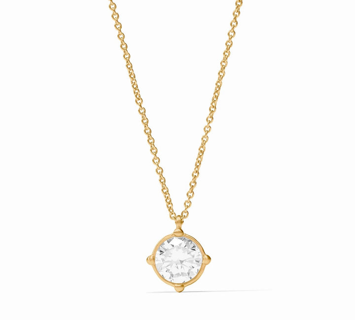 The Honeybee Solitaire Necklace Gold is a 24K gold-plated chain with a single round clear cubic zirconia in a minimalist gold setting. Available sizes: 16″, 18″.
