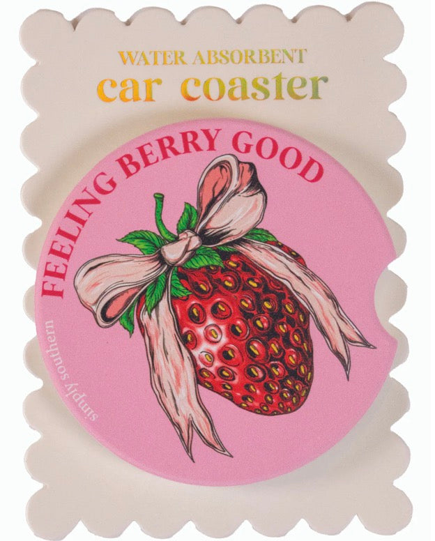 Pink Simply Southern car coasters with strawberry, "FEELING BERRY GOOD" text. Water-absorbent. Sizes available.