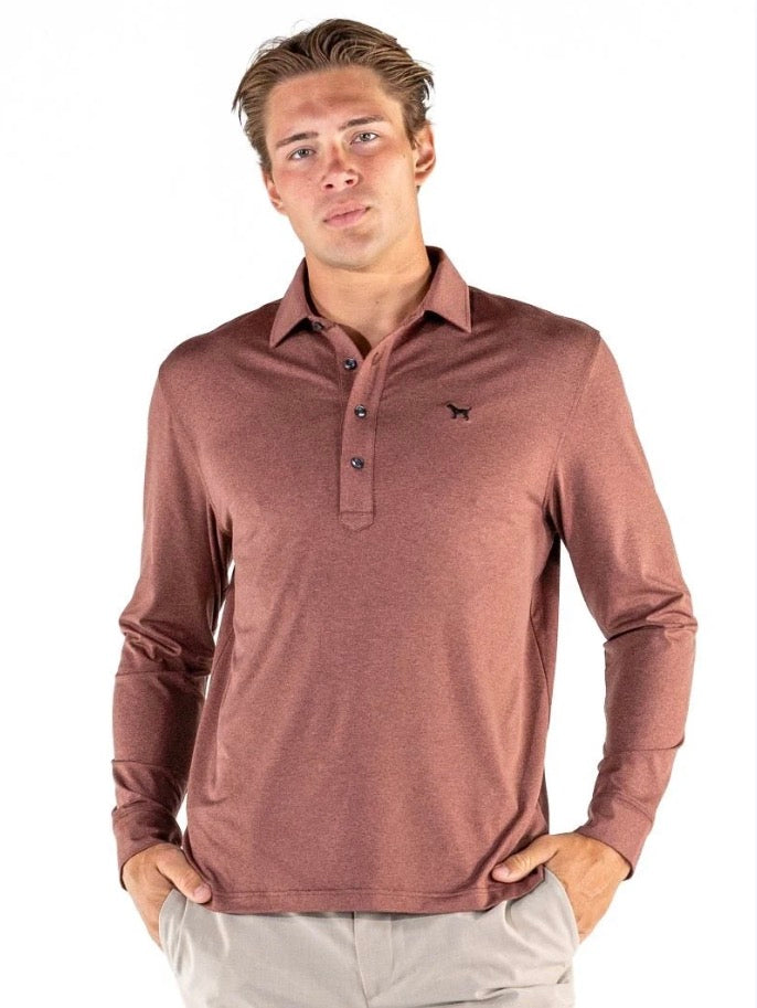 Men’s Longsleeve Maroon Polo with buttons and small black dog logo on the chest. Available in sizes S-XXL.