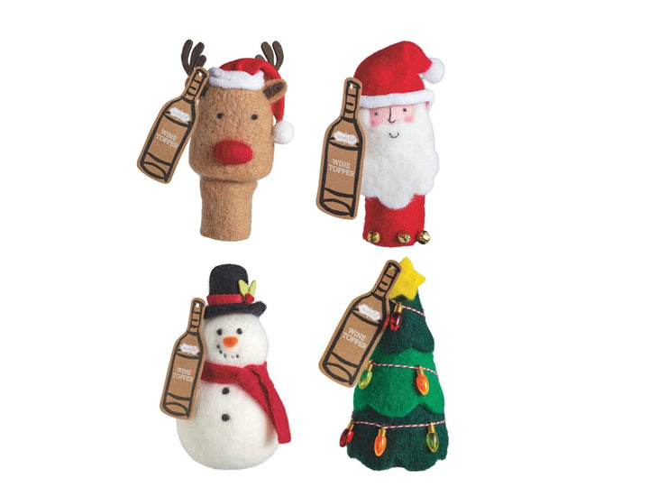 Christmas Wine Toppers with embroidered reindeer, Santa, snowman, and tree designs.