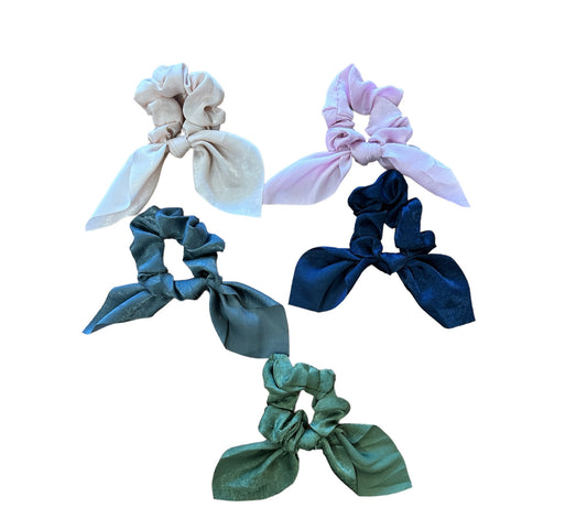 Five Bowknot Hair Scrunchies in beige, light pink, dark blue, dark green, and olive green. Available in small and large sizes.