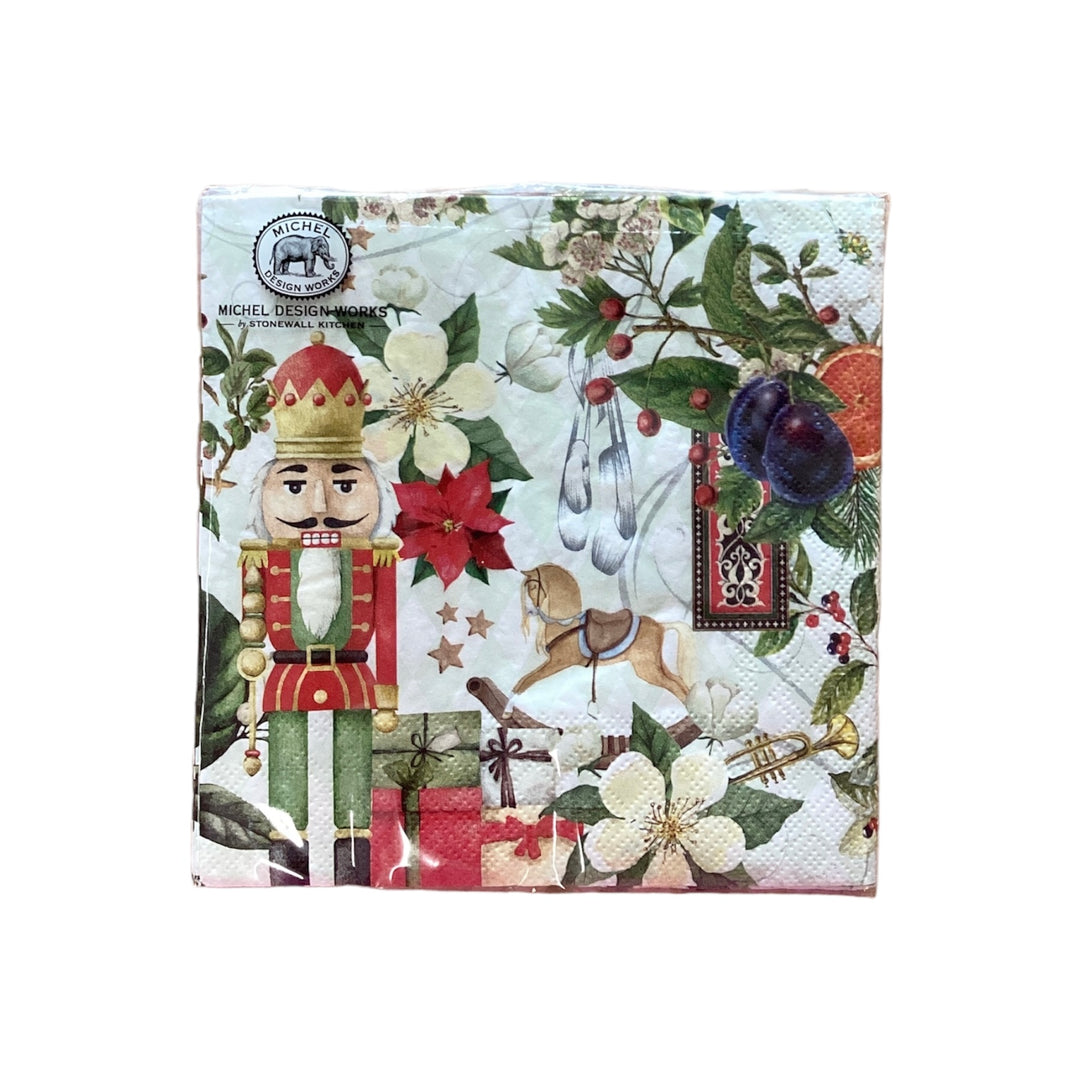 Square Nutcracker Suite Luncheon Napkins featuring a nutcracker, rocking horse, gifts, flowers, fruit, and musical instruments.