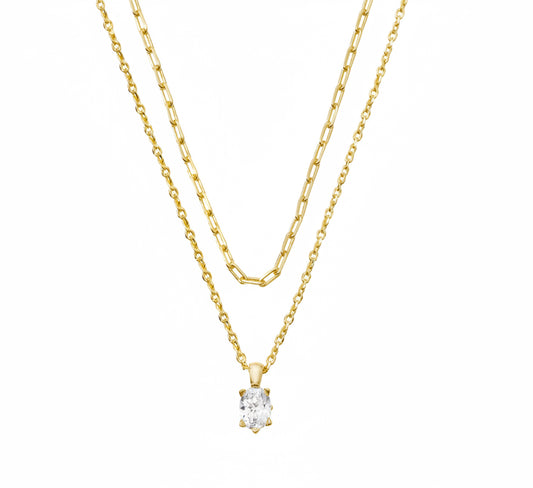 Two gold chain necklaces: one paperclip-style and one delicate chain with a single crystal pendant. Available in multiple lengths.