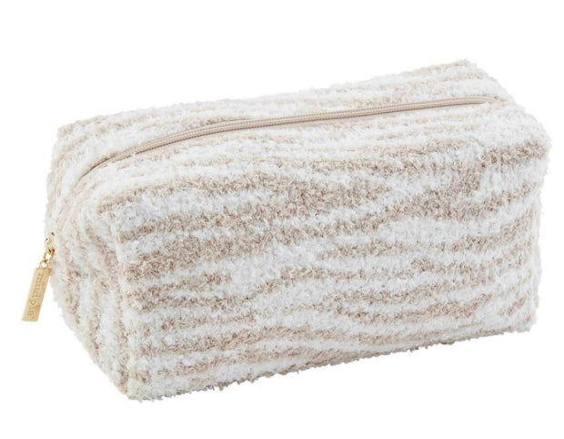 Chenille case with fluffy texture and beige and white horizontal stripes. Features a gold zipper with matching pull tab. Compact size yet spacious for everyday essentials.