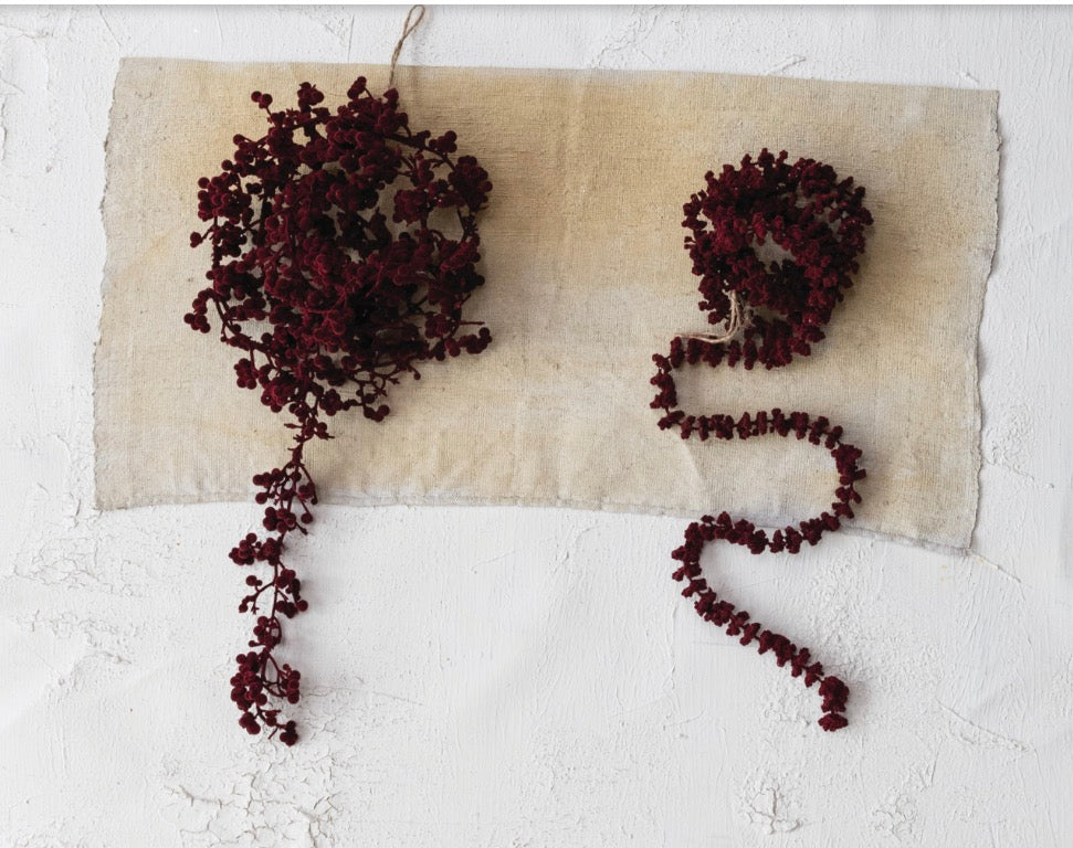 Dark red flocked foam ball garland, 72″L x 5-1/4″H.