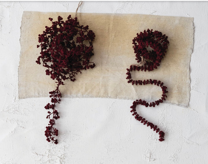 Dark red flocked foam ball garland, 72″L x 5-1/4″H.