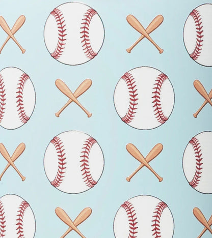Home Run Mega Mug (40oz) with triple insulation; light blue, baseball and bat pattern. Only available in 40oz size.
