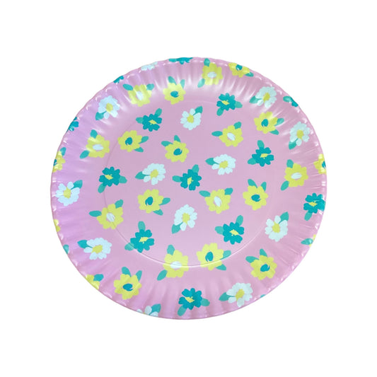 Round pink paper plate with yellow, white, and teal flower patterns. Available sizes: 7" and 9".