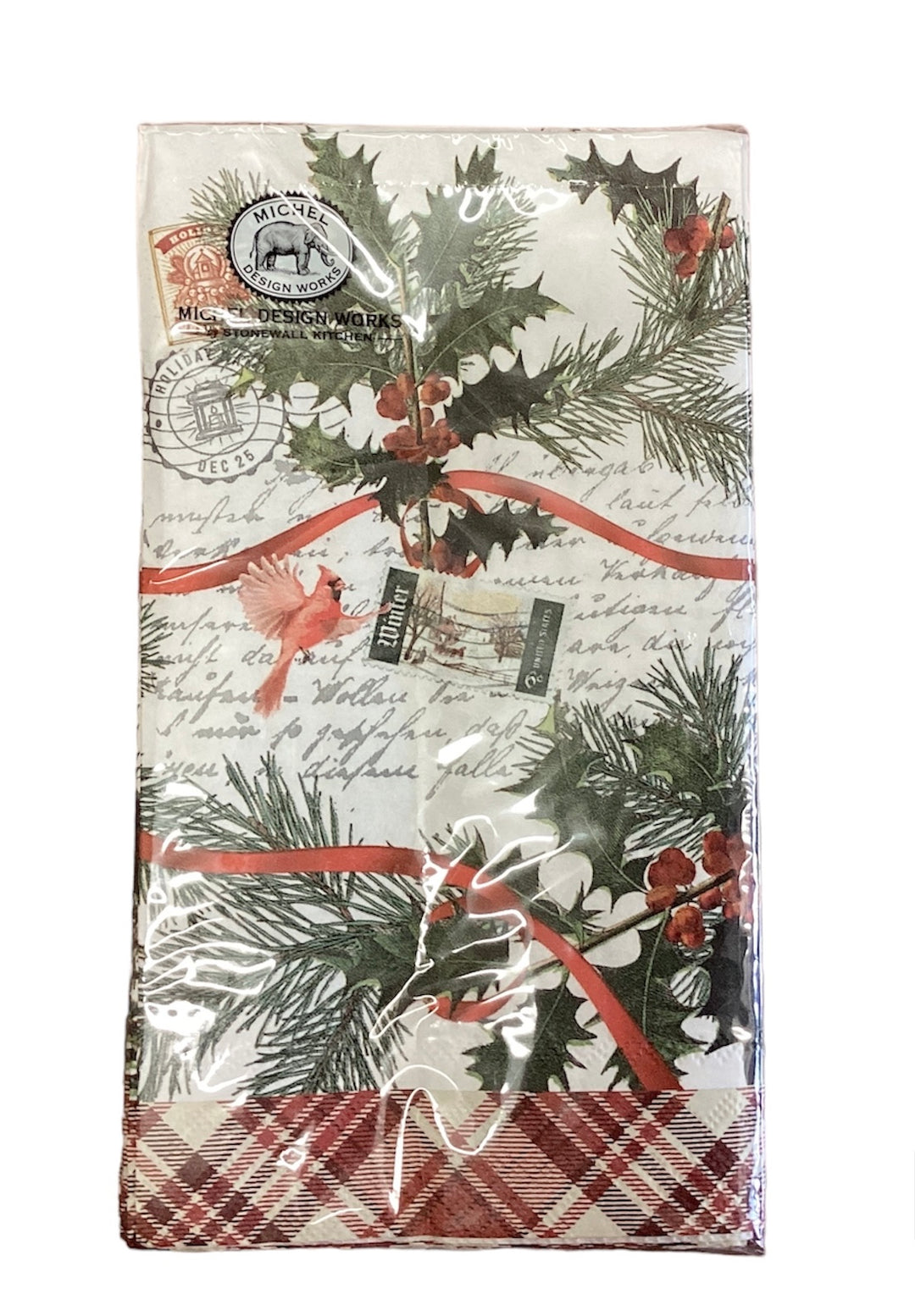 Holiday Napkins Hostess: holly, pine, berries, cardinal, stamps, script. Red plaid border. Sizes: standard hostess.