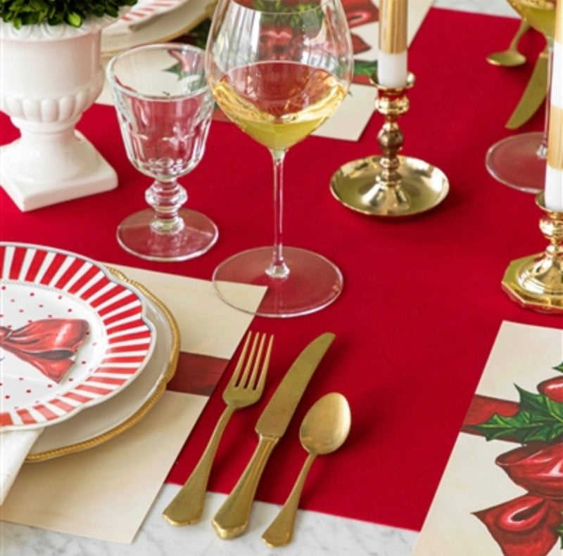 Solid red flocked table runner.