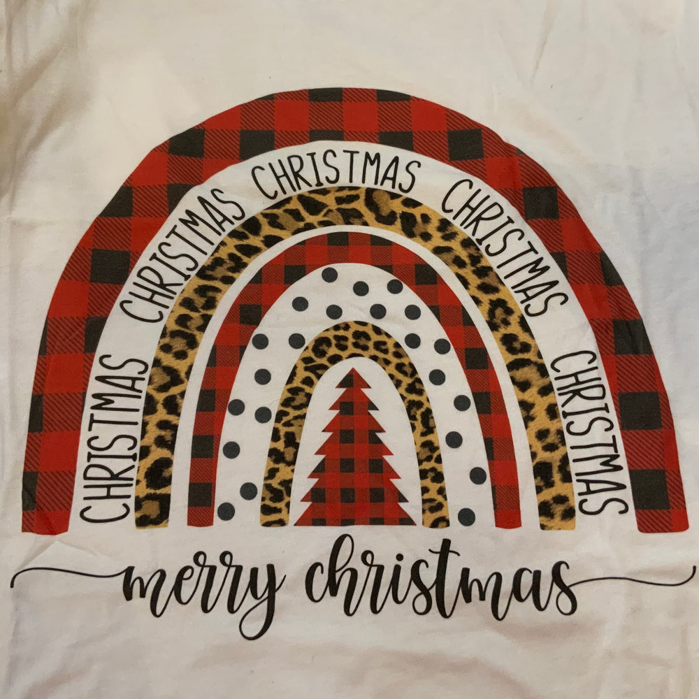 Christmas Arch Buffalo Check & Cheetah Print Shirt with a red and black buffalo plaid, cheetah print, and black polka dot rainbow graphic, featuring “CHRISTMAS” and “merry christmas” text. Sizes available.