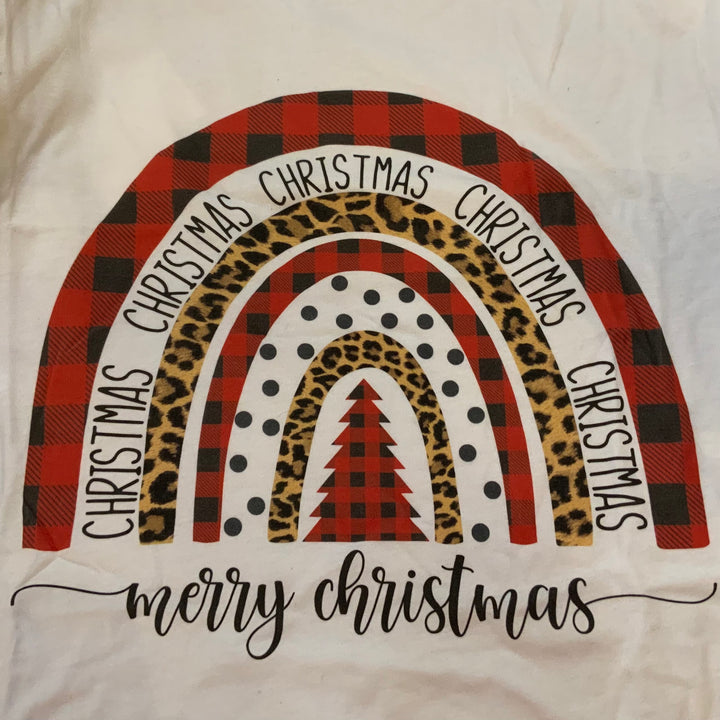 Christmas Arch Buffalo Check &amp; Cheetah Print Shirt with a red and black buffalo plaid, cheetah print, and black polka dot rainbow graphic, featuring “CHRISTMAS” and “merry christmas” text. Sizes available.